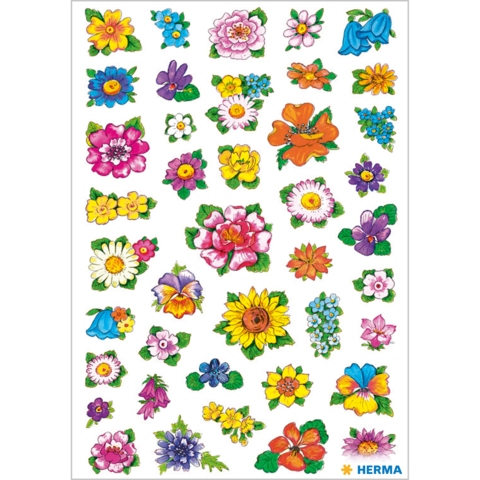 Bunte Blumenaufkleber in verschiedenen Formen und Farben, darunter Sonnenblumen, Rosen und Veilchen, auf einem weißen Hintergrund.
