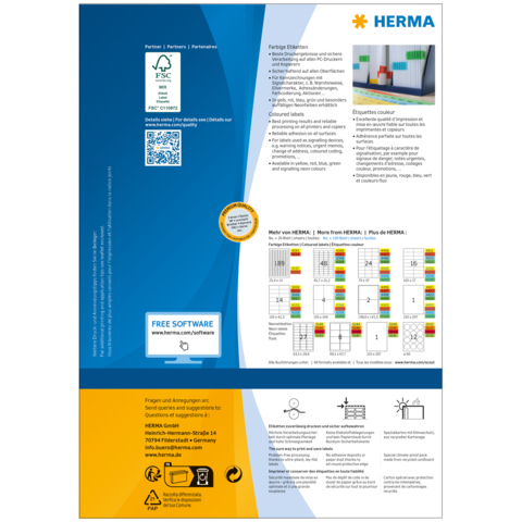 Rückseite eines Produkts von HERMA mit Informationen zu Etiketten, Software und Anwendungsbeispielen. Enthält QR-Code und Farbdiagramme.