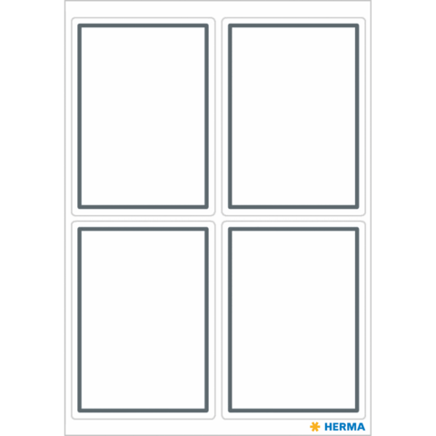 Leere Etikettenblätter mit vier rechteckigen Feldern, umrahmt von grauen Linien, für Beschriftungen oder Aufkleber.