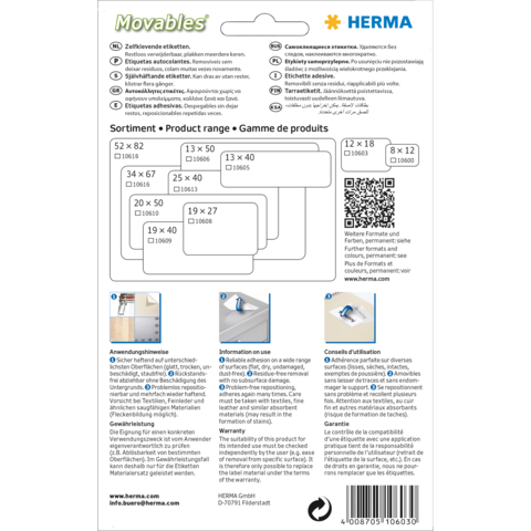 Produktinformation für Herma Movables: verschiedene Etikettenformate, Anwendungshinweise und QR-Code für weitere Informationen.