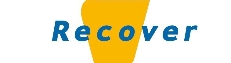 Logo with the word 'Recover' in blue text on a yellow background.