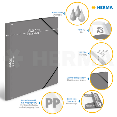 Gray A3 folder with elastic corners, washable, made of polypropylene, sturdy, and featuring printed tabs for documents.