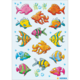 Bunte Fische in verschiedenen Farben und Formen schwimmen im Wasser, umgeben von Luftblasen und Wasserpflanzen.