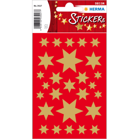 Rote Aufkleber mit goldenen Sternen in verschiedenen Größen auf einem dekorativen Hintergrund.
