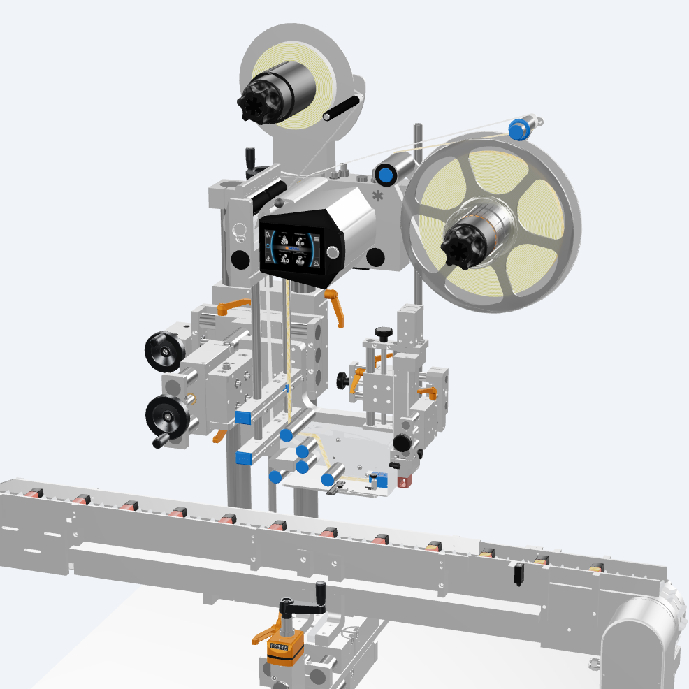 A technical representation of a labelling machine with various components, including rollers, a control unit, and a conveyor belt.