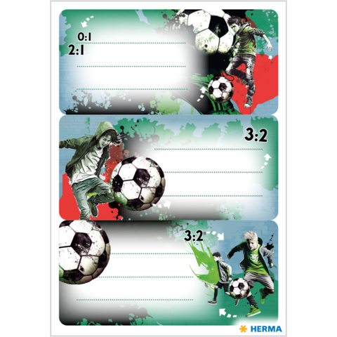 Three soccer cards featuring players in action, showcasing goals and space for notes. Graphic elements in red and green.
