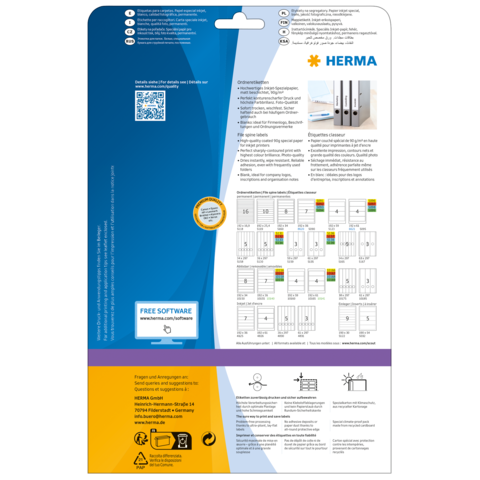 Rückseite einer Verpackung mit Informationen zu HERMA Produkten, einschließlich Anleitungen, QR-Code und Hinweisen auf kostenlose Software.