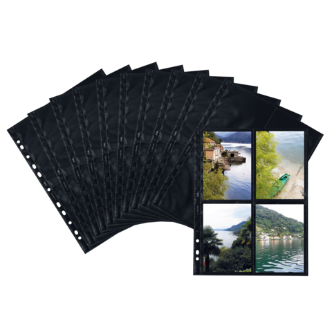 Schwarze Fotohüllen mit mehreren Fächern, die Bilder von Landschaften und Gewässern zeigen.
