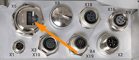 Connection panel with various connectors, including a prominent RJ45 port (X10) and several round sockets.