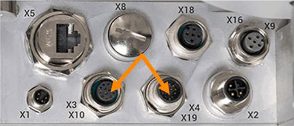 Connection field with several connectors, including X2, X4, X10, X16, X18, and X19, for electrical connection.