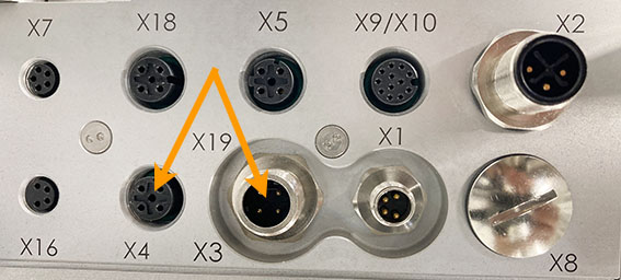 Connection panel with multiple sockets, including X3, X4, X5, X7, X8, X9/X10, X16, and X18. Arrows point to X19 and X3.