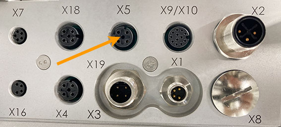 Connection panel with multiple sockets, including the marked socket X5. The sockets are designed for various connections.