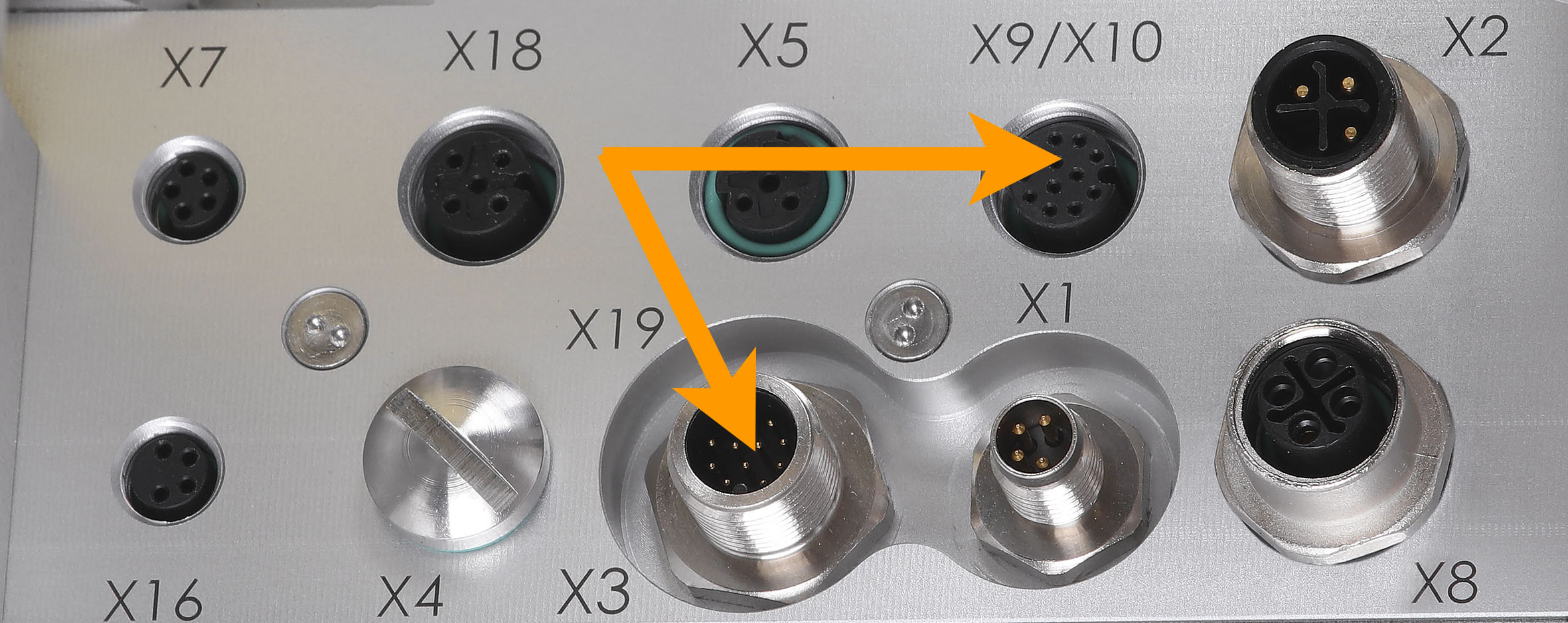 Connection panel with several round sockets, labelled from X1 to X19, for various connections.
