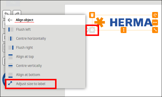 Menu for aligning objects with options such as 'Align Left' and 'Fit to Label Size,' next to the word 'HERMA.