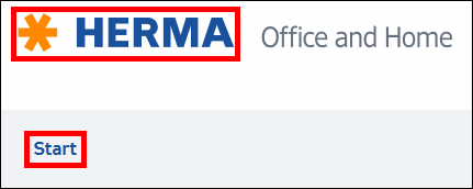 HERMA logo with the text 'Office and Home' and a highlighted button 'Start'.
