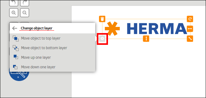 Menu for changing the object level with options for moving objects in a graphic design program. The word 'HERMA' is highlighted.