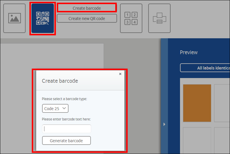 A window for creating a barcode displays options for selecting the barcode type and input fields for the barcode text.