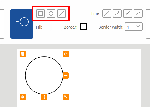 Toolbar with options for drawing shapes, including square, rectangle, and line, as well as a blank circle in the center.