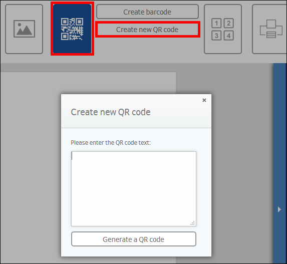 Window for creating a new QR code with an input field for the QR code text and a button to generate the code.