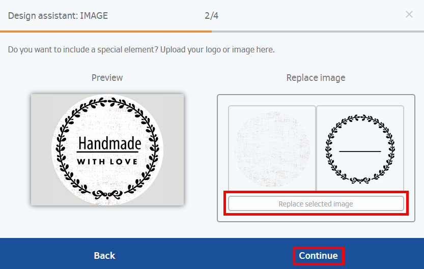 A round sticker with the text 'Handmade with Love' surrounded by a decorative wreath. The 'Continue' button is highlighted.