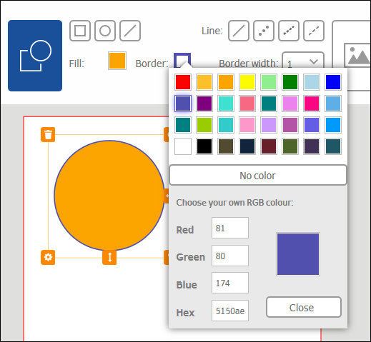 An orange circle is displayed in a graphical user interface, along with color options and RGB value fields.