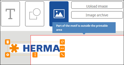 A user interface area displays the word "HERMA" along with a warning that part of the design is outside the printable area.