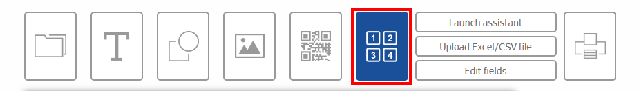 Button with four blue boxes, surrounded by additional icons for various functions such as file upload and QR code.