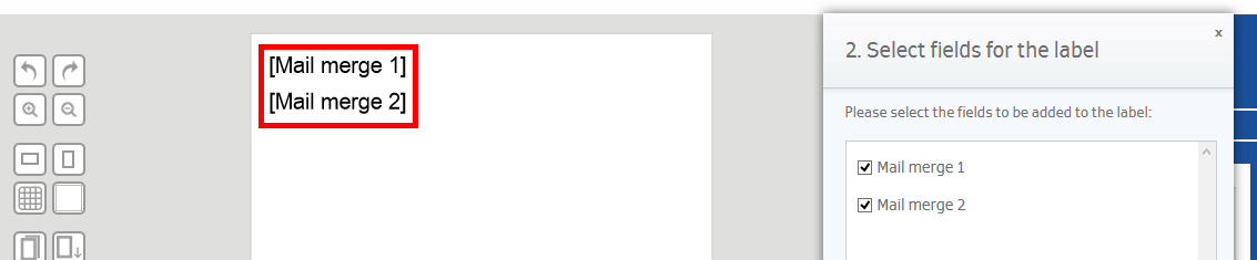 Two fields outlined in red for mail merge, labeled 'Mail Merge 1' and 'Mail Merge 2,' in a document editing program.
