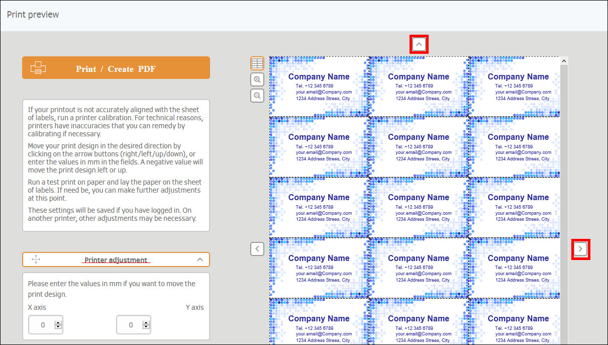 Print preview with multiple business cards showing space for the company name. Options for print customization are visible on the left side.