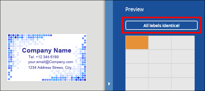 Business card with company name, contact details, and address. On the right side, a preview with the option 'All labels identical.