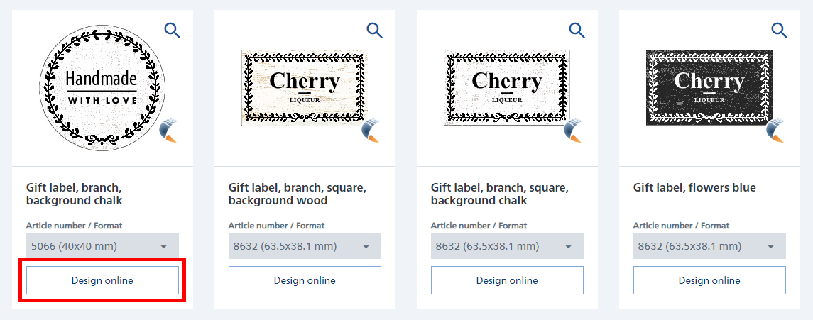Gift tags with various designs: 'Handmade with love,' 'Cherry,' and floral patterns. Option for online design.